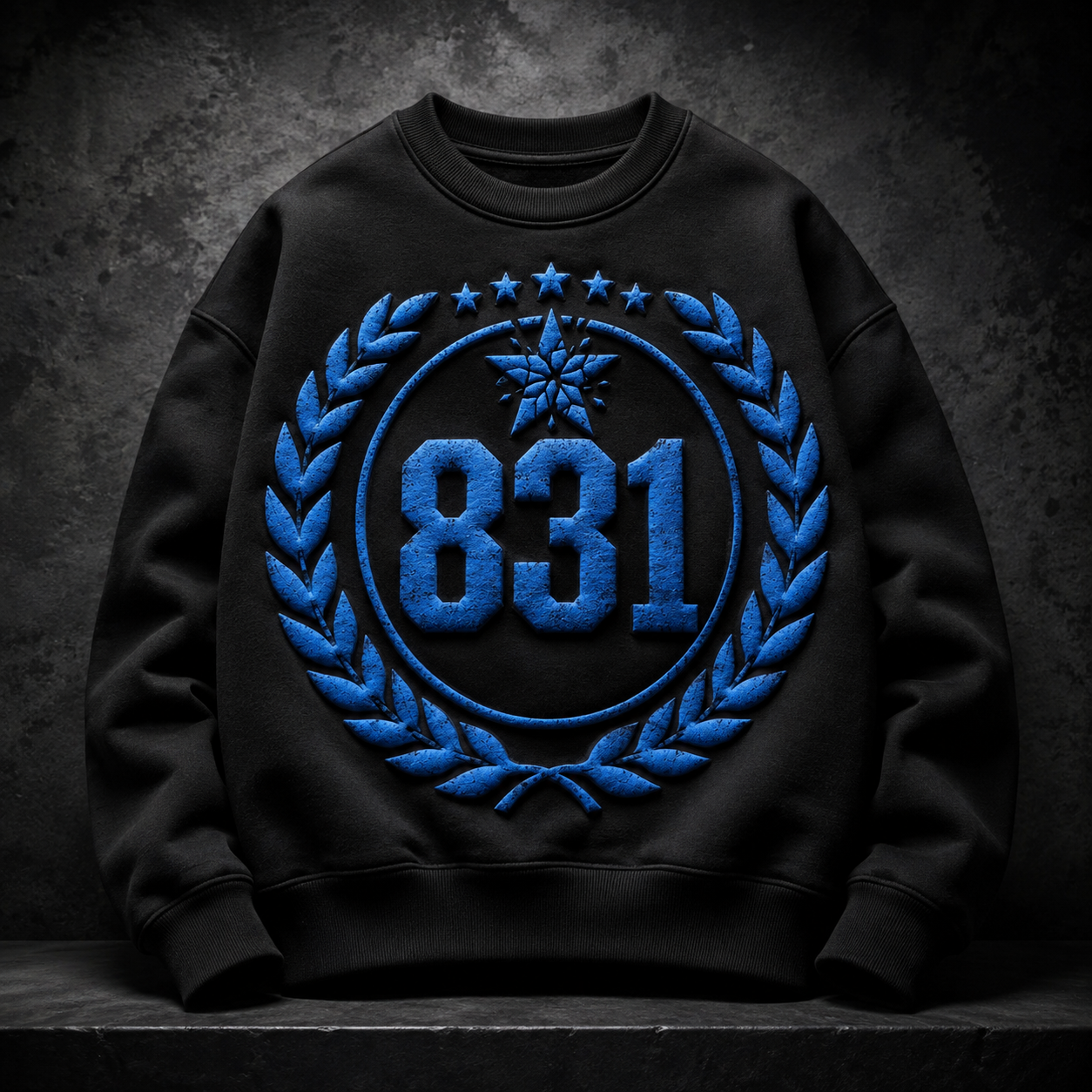 831 Crewneck — black sweatshirt with blue 831 laurel emblem